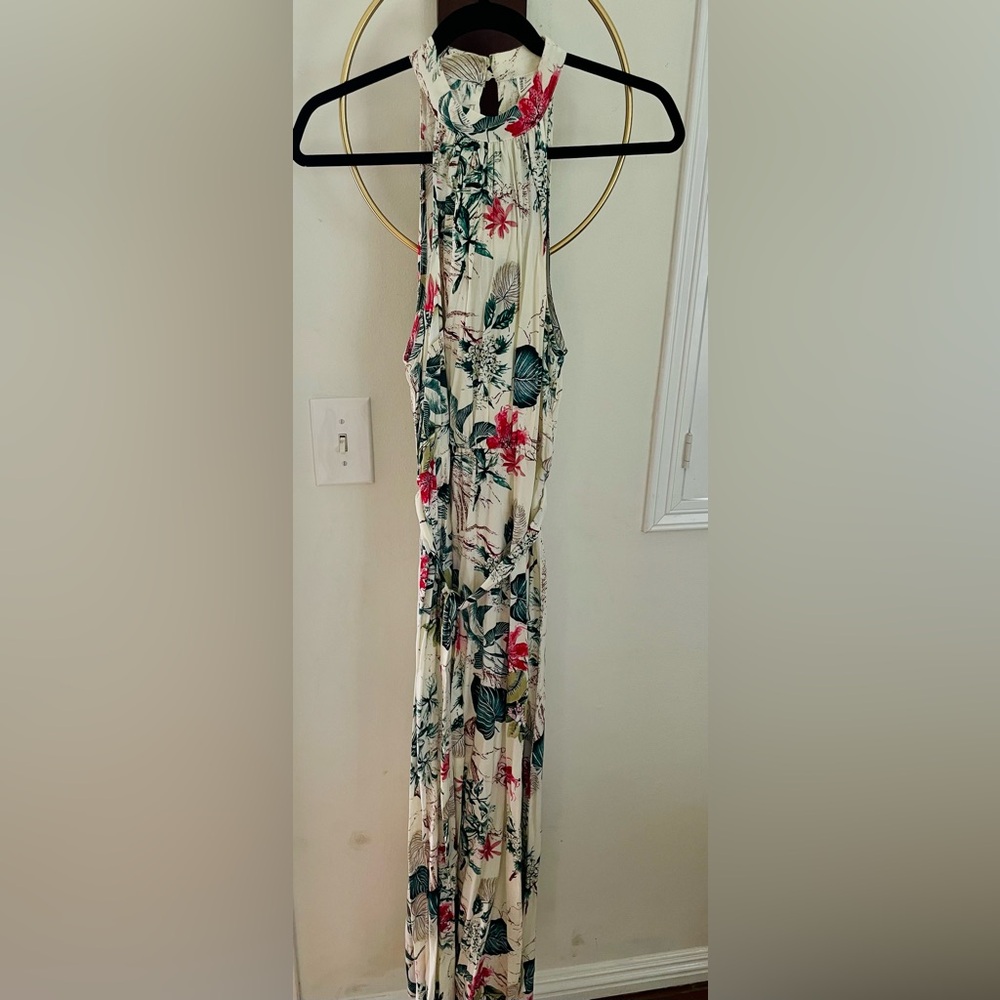Sleeveless Cream Floral Tie-Waist Maxi Dress with Pink & Green Print
